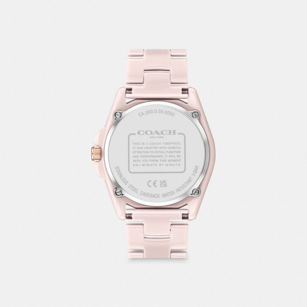 COACH®,Greyson Watch, 36 Mm,Analog,Crystal,Ceramic,Logo,Water Resistant,Work,Pink,Back View