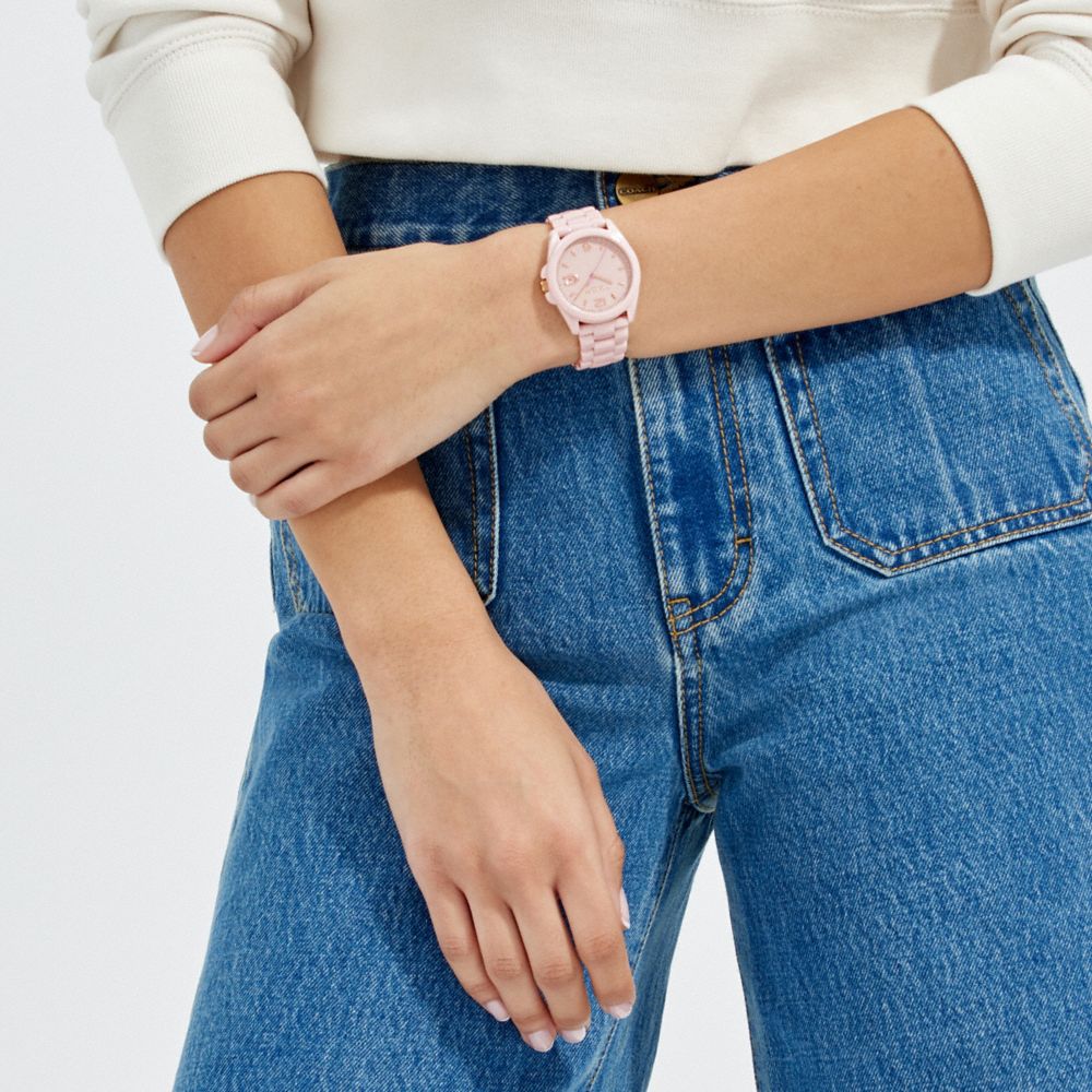 COACH®,Greyson Watch, 36 Mm,Analog,Crystal,Ceramic,Logo,Water Resistant,Work,Pink,Detail View