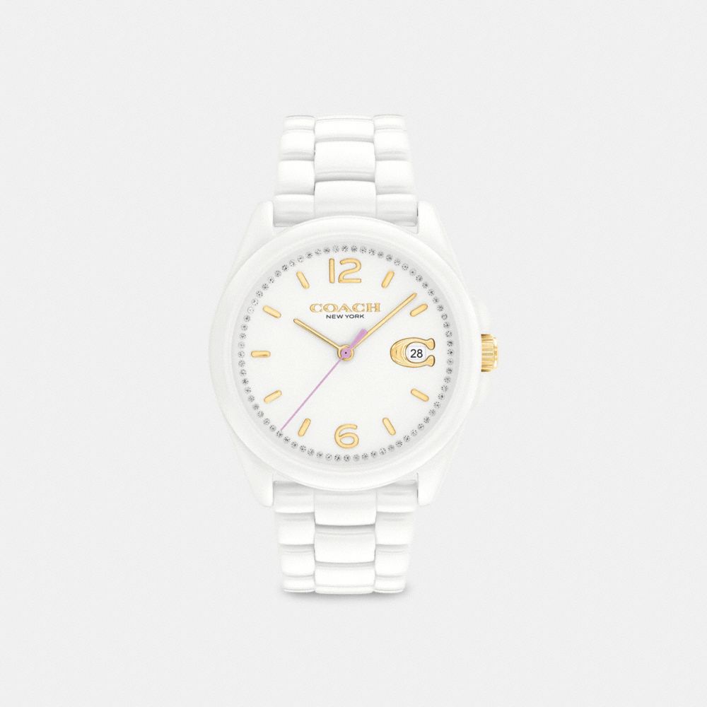 COACH®,MONTRE GREYSON, 36 MM,Céramique,Blanc 1,Front View