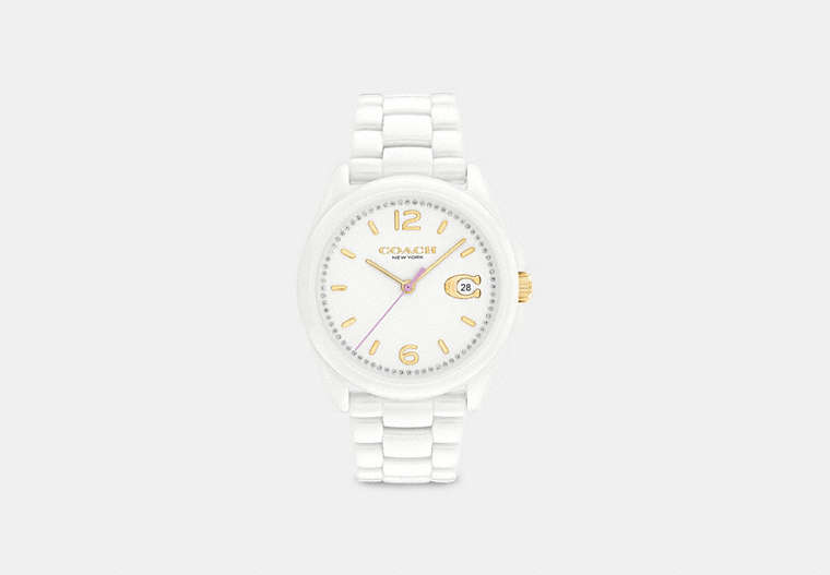 COACH®,GREYSON WATCH, 36MM,Ceramic,White 1,Front View
