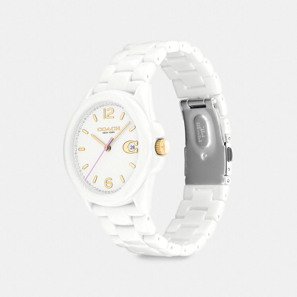 COACH®,GREYSON WATCH, 36MM,Ceramic,White 1,Angle View