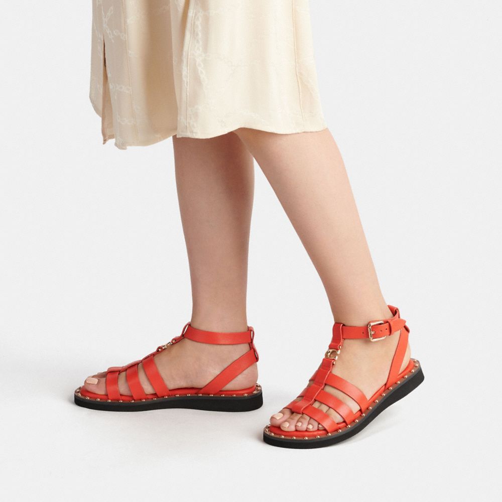 COACH®,Giselle Sandal,Lining Leather,Rubber,Leather,Sandals,Studded,Caged,Gold Metal,Casual,Red,Detail View