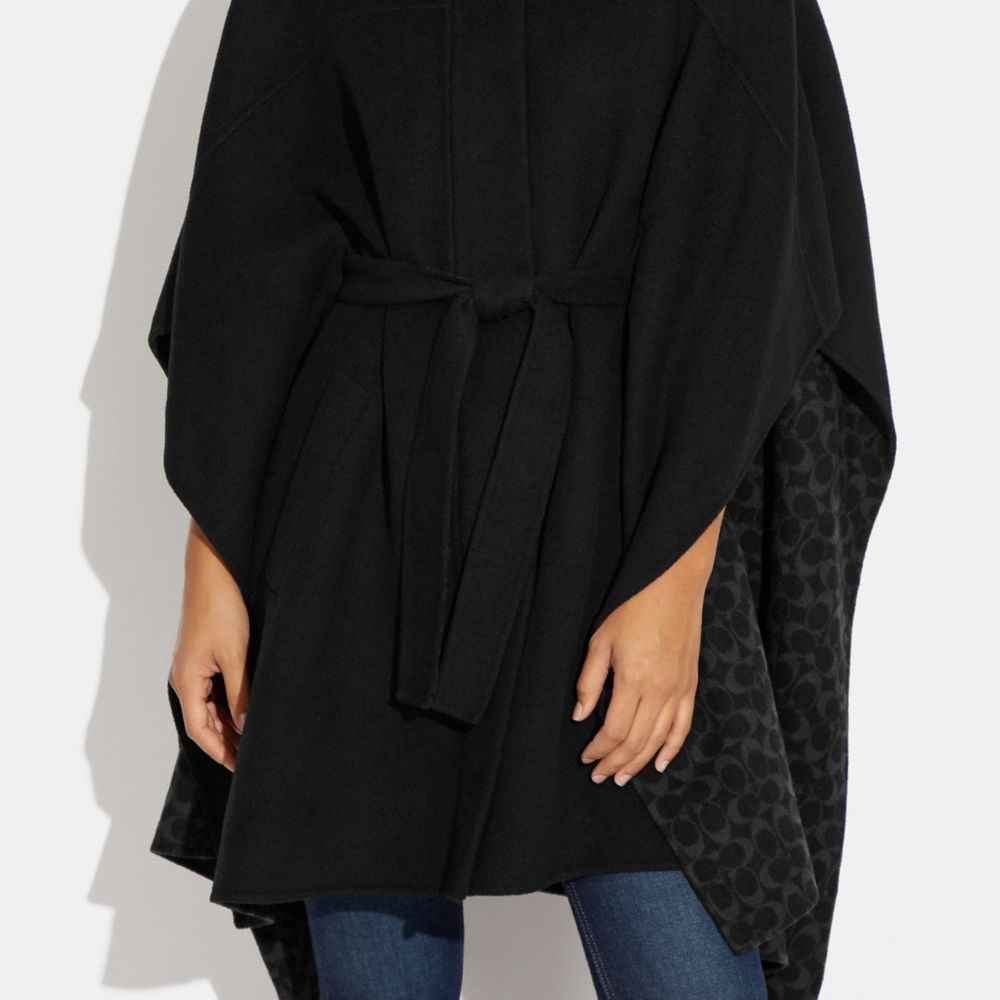 COACH®,Double Face Wool Cape,Poncho,Tie Belt,Casual,Black,Detail View