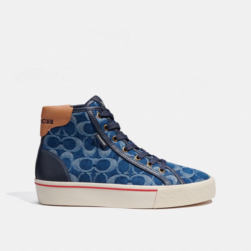 COACH®,CITYSOLE HIGH TOP PLATFORM SNEAKER IN SIGNATURE DENIM,Denim,Angle View