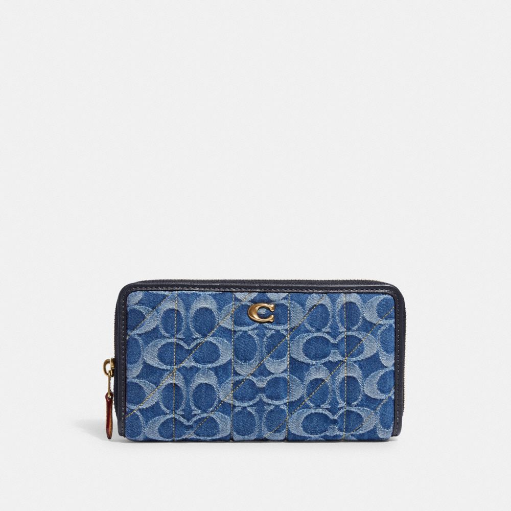 COACH®,ACCORDION ZIP WALLET IN SIGNATURE DENIM,Denim,Mini,Brass/Indigo Midnight Navy Multi,Front View