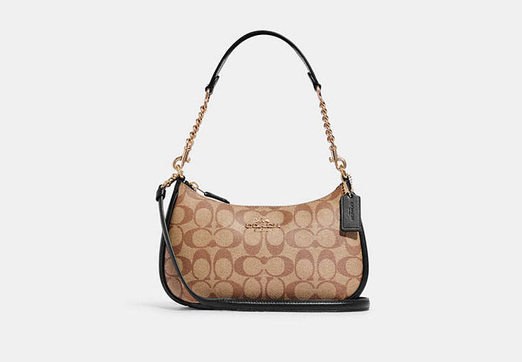 COACH®,TERI SHOULDER BAG IN SIGNATURE CANVAS,Signature Coated Canvas,Large,Anniversary,Gold/Khaki/Black,Front View image number 0