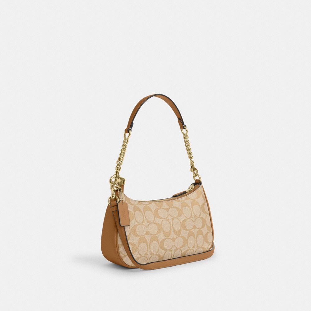 COACH®,TERI SHOULDER BAG IN SIGNATURE CANVAS,Signature Canvas,Medium,Anniversary,Gold/Lt Khaki/Lt Saddle,Angle View