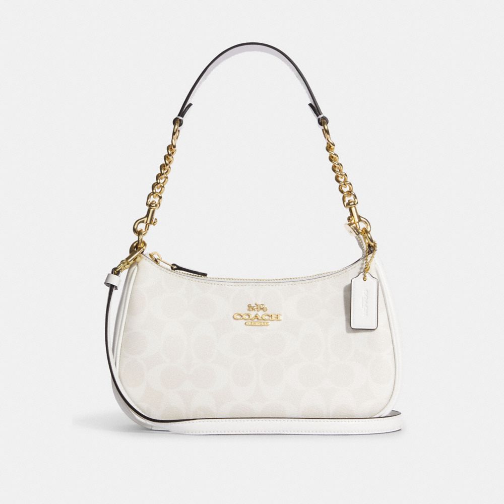 COACH®,TERI SHOULDER BAG IN SIGNATURE CANVAS,Signature Canvas,Medium,Anniversary,Gold/Chalk/Glacier White,Front View