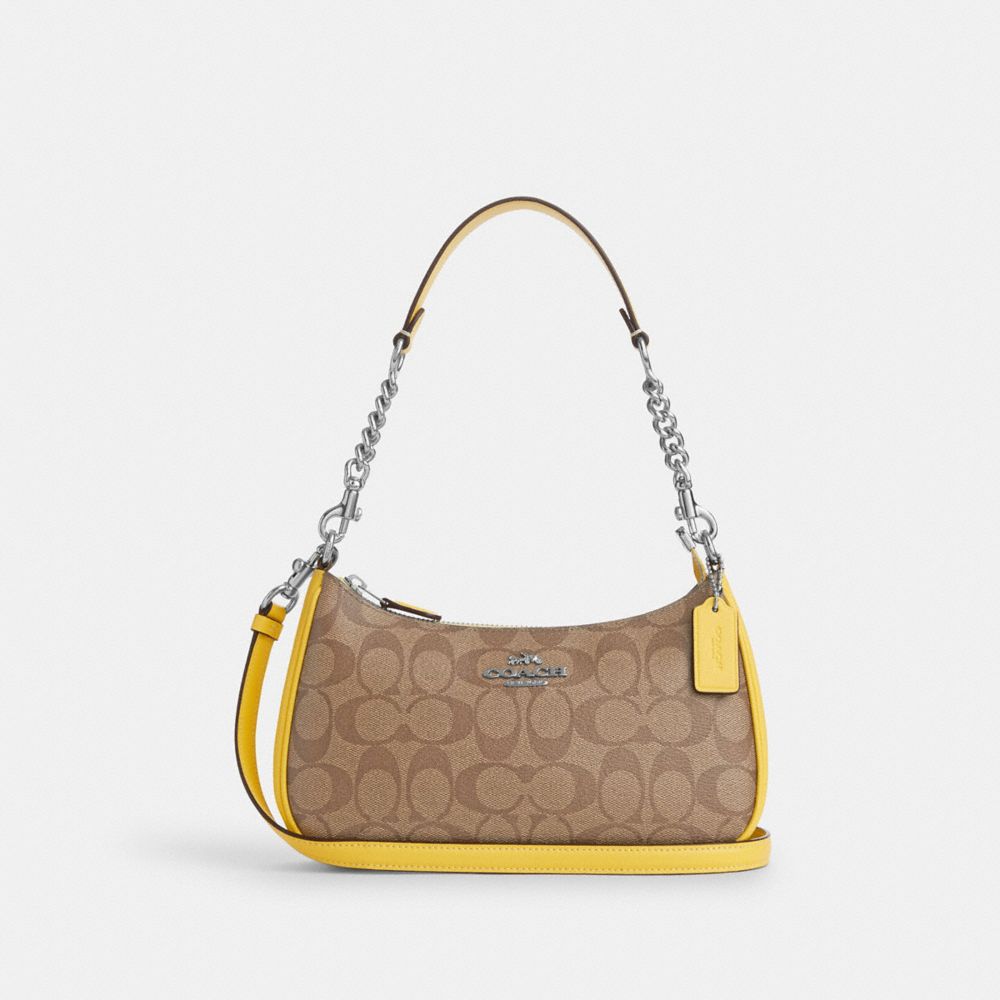 COACH®,TERI SHOULDER BAG IN SIGNATURE CANVAS,Signature Canvas,Medium,Anniversary,Silver/Khaki/Retro Yellow,Front View