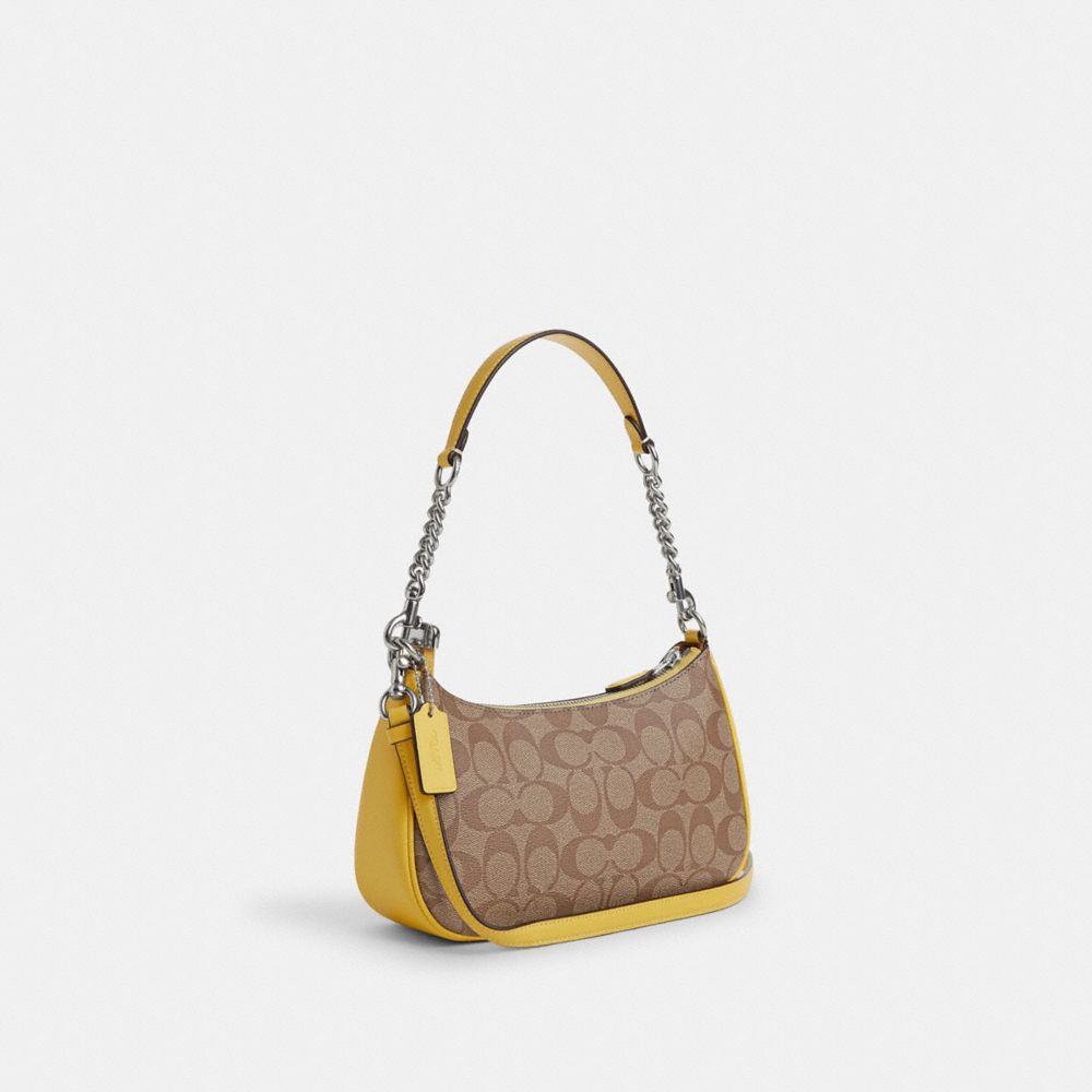 COACH®,TERI SHOULDER BAG IN SIGNATURE CANVAS,Signature Coated Canvas,Medium,Anniversary,Silver/Khaki/Retro Yellow,Angle View