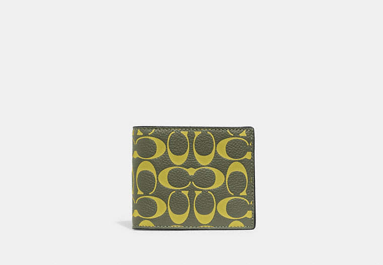 COACH®,3-IN-1 WALLET IN SIGNATURE LEATHER,Polished Pebble Leather,Army Green/Key Lime,Front View