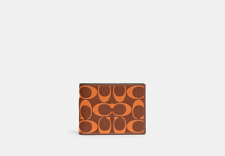 COACH®,SLIM BILLFOLD WALLET IN SIGNATURE LEATHER,Polished Pebble Leather,Mini,Saddle/Papaya,Front View