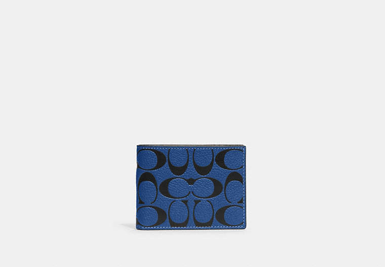 COACH®,SLIM BILLFOLD WALLET IN SIGNATURE LEATHER,Polished Pebble Leather,Mini,Blue Fin/Black,Front View
