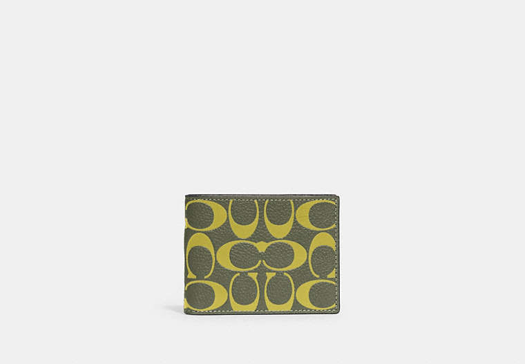 COACH®,SLIM BILLFOLD WALLET IN SIGNATURE LEATHER,Polished Pebble Leather,Mini,Army Green/Key Lime,Front View