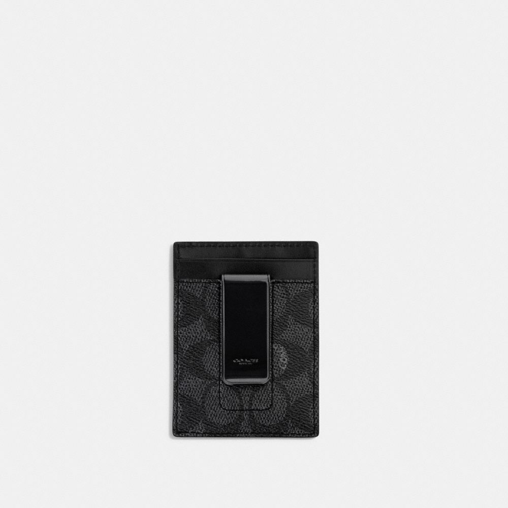 COACH®,MONEY CLIP CARD CASE IN SIGNATURE CANVAS,Signature Coated Canvas,Charcoal,Back View