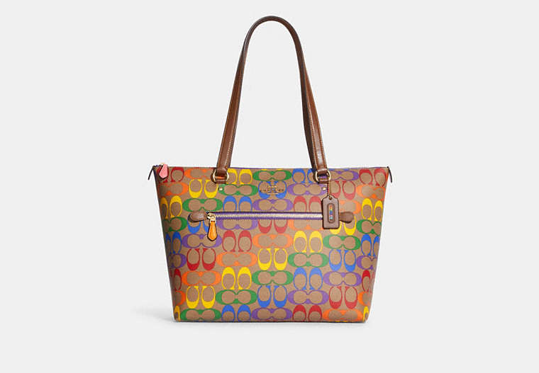 COACH®,GALLERY TOTE BAG IN RAINBOW SIGNATURE CANVAS,canvas,X-Large,Gold/Khaki Multi,Front View