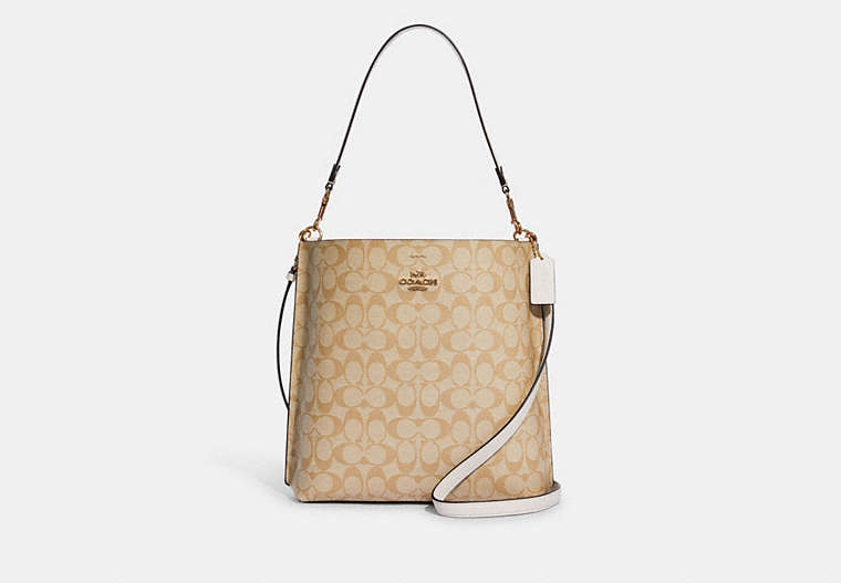 COACH®,MOLLIE BUCKET BAG IN SIGNATURE CANVAS,Leather,Large,Anniversary,Gold/Light Khaki Chalk,Front View