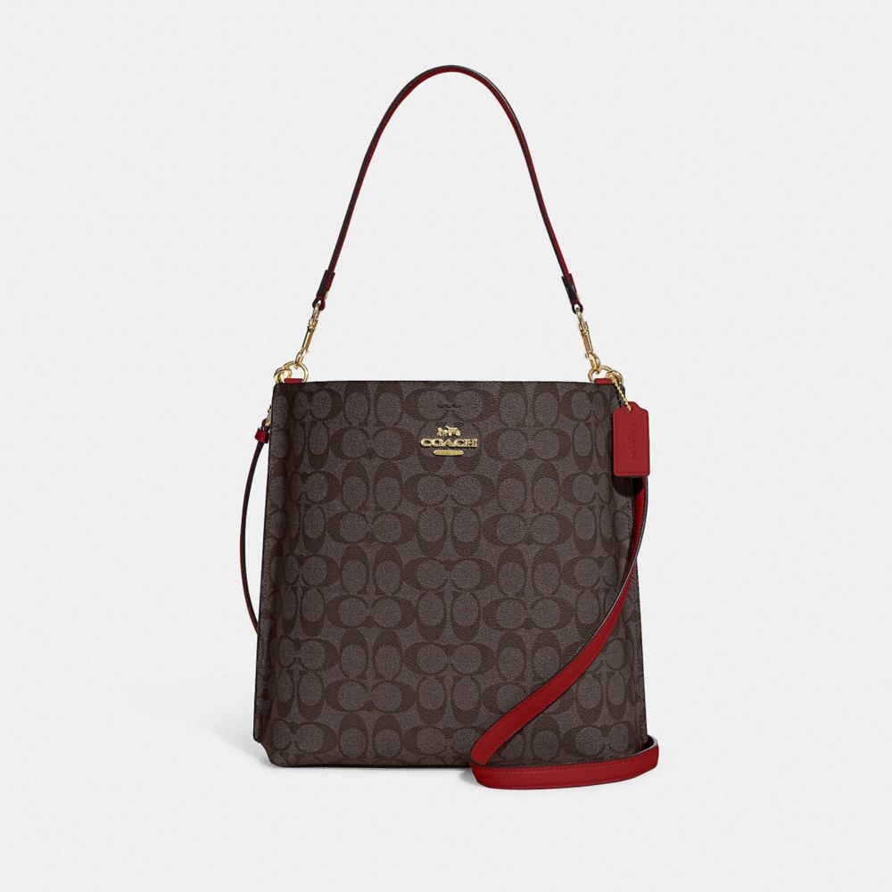 COACH®,MOLLIE BUCKET BAG IN SIGNATURE CANVAS,Large,Anniversary,Gold/Brown 1941 Red,Front View