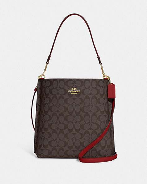 COACH®,MOLLIE BUCKET BAG IN SIGNATURE CANVAS,Leather,Large,Anniversary,Gold/Brown 1941 Red,Front View