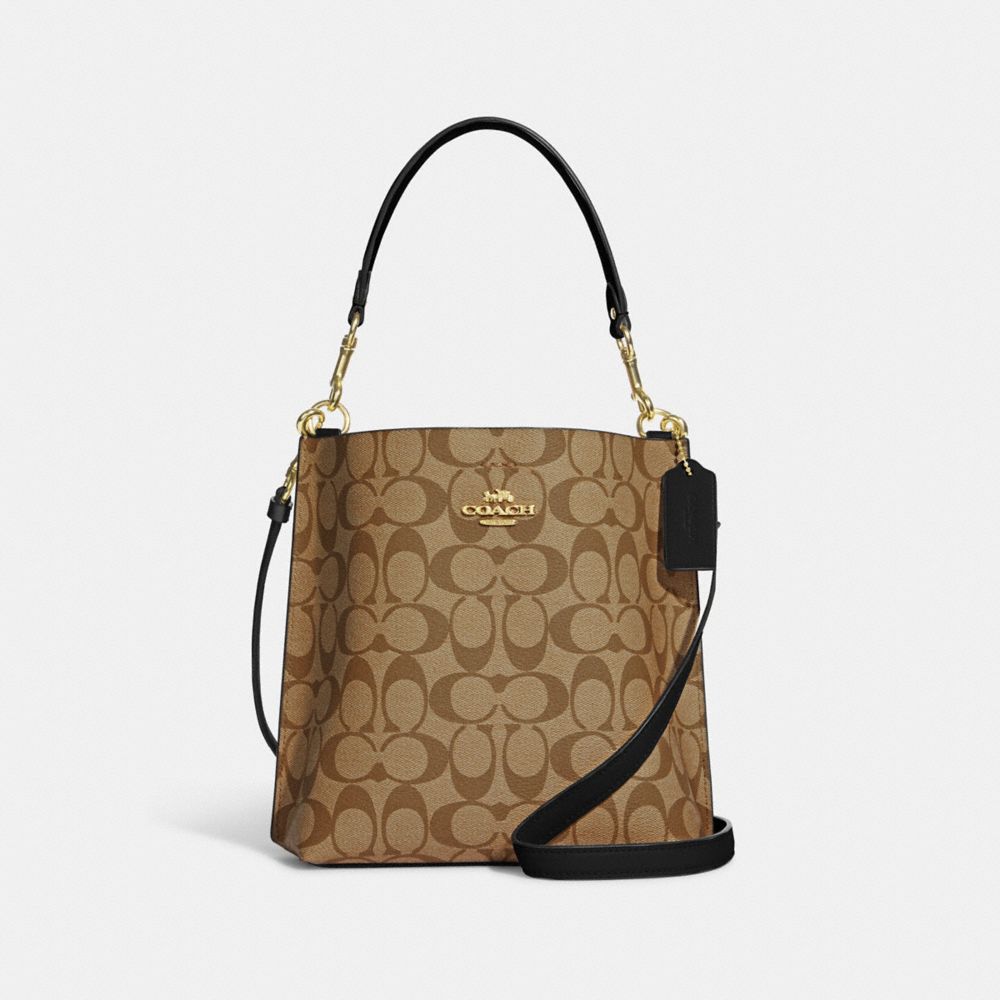 COACH®,MOLLIE BUCKET BAG 22 IN SIGNATURE CANVAS,Signature Canvas,Medium,Everyday,Gold/Khaki/Black,Front View