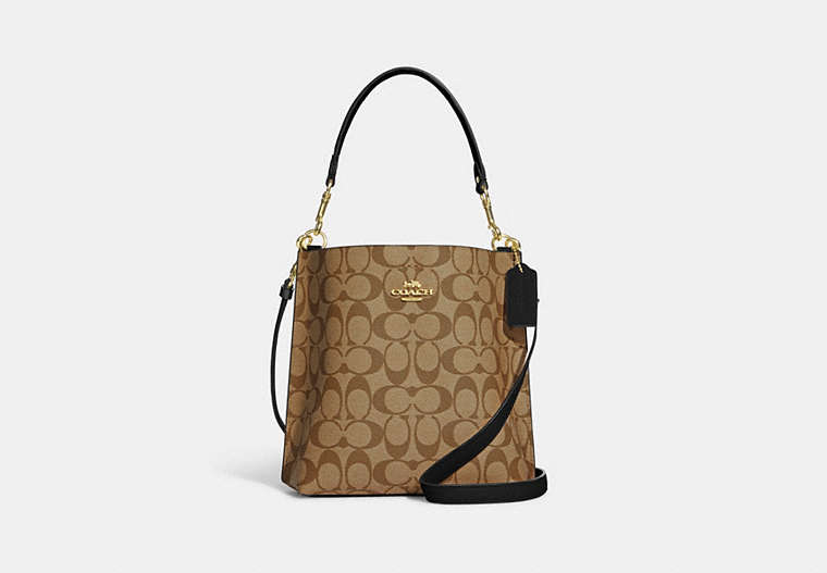 COACH®,MOLLIE BUCKET BAG 22 IN SIGNATURE CANVAS,Leather,Medium,Everyday,Gold/Khaki/Black,Front View