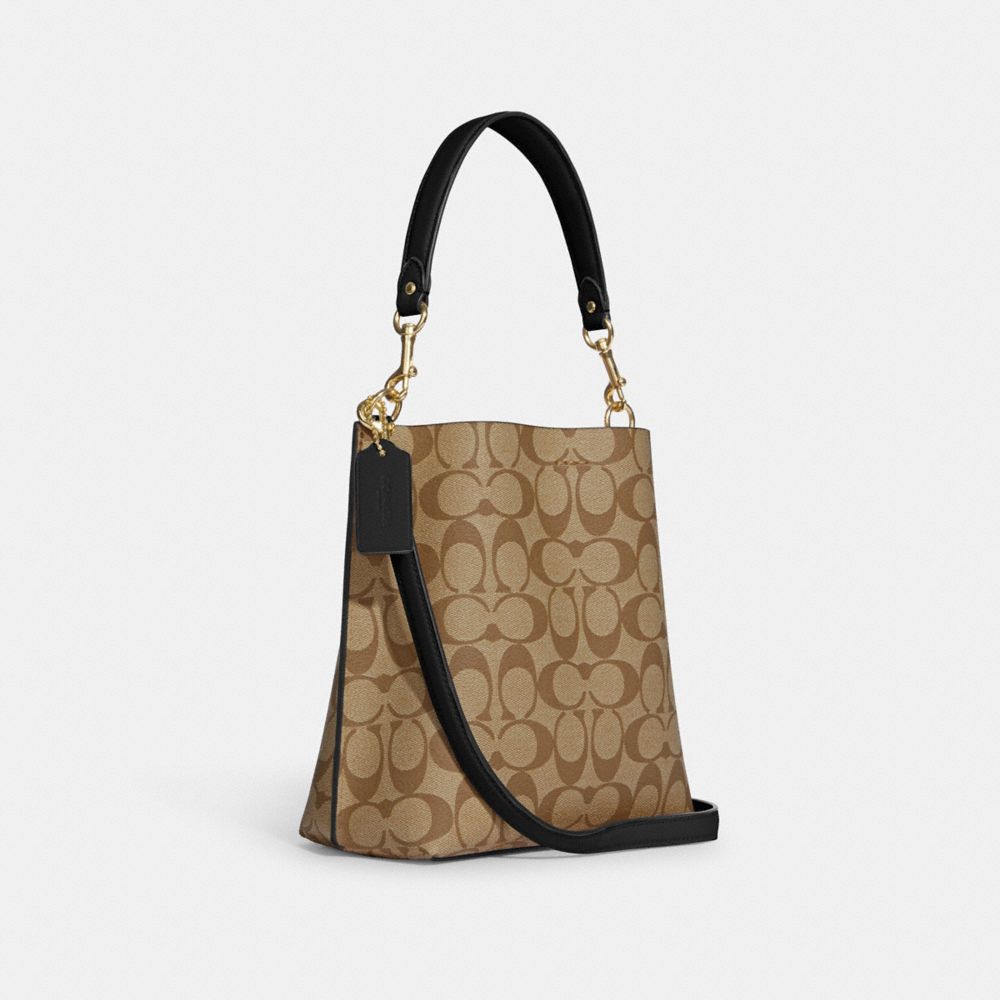 COACH®,Mollie Bucket Bag 22 In Signature Canvas,Leather,Canvas,Crossbody,PVC,Logo,Gold Metal,Casual,Multi Color,Angle View
