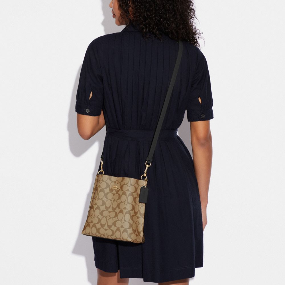 COACH®,Mollie Bucket Bag 22 In Signature Canvas,Leather,Canvas,Crossbody,PVC,Logo,Gold Metal,Casual,Multi Color,Detail View