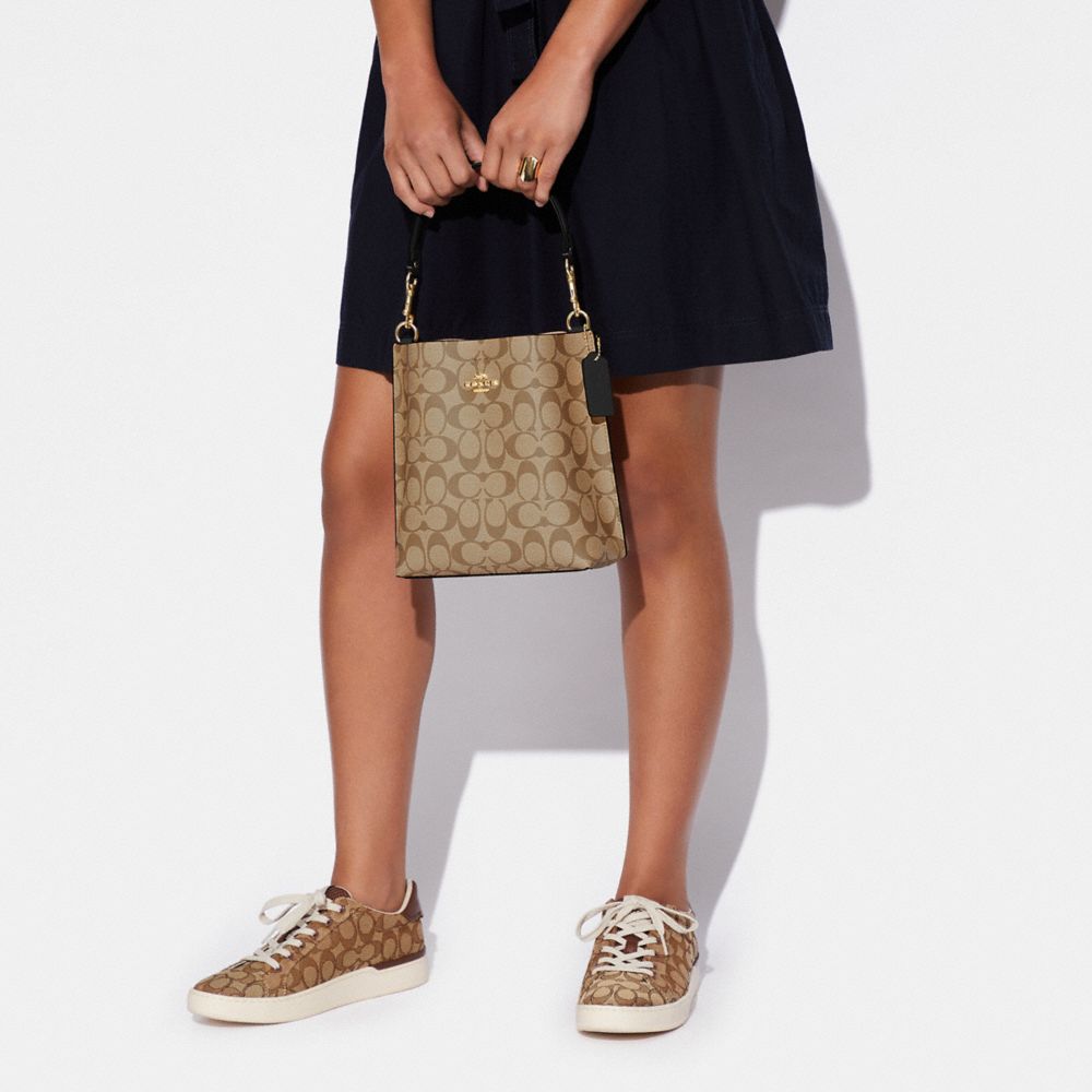 COACH®,Mollie Bucket Bag 22 In Signature Canvas,Leather,Canvas,Crossbody,PVC,Logo,Gold Metal,Casual,Multi Color,Detail View
