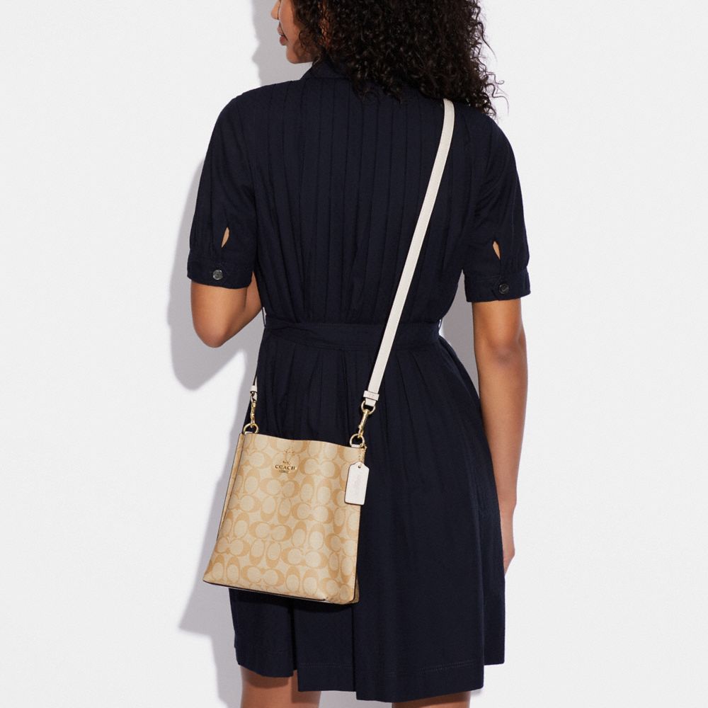 COACH®,Mollie Bucket Bag 22 In Signature Canvas,Leather,Canvas,Crossbody,PVC,Logo,Gold Metal,Casual,Beige,Detail View