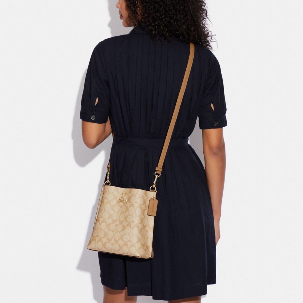 COACH®,Mollie Bucket Bag 22 In Signature Canvas,Leather,Canvas,Crossbody,PVC,Logo,Gold Metal,Casual,Beige,Detail View