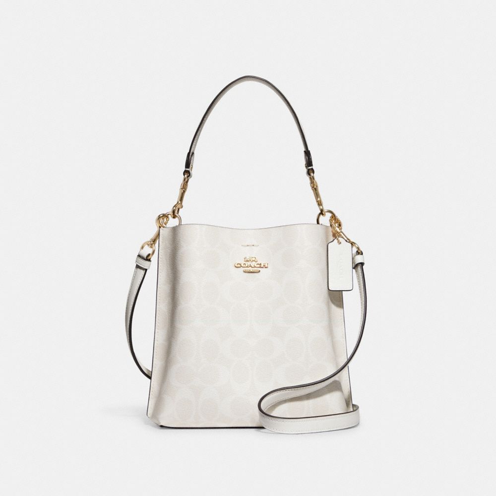 COACH®,MOLLIE BUCKET BAG 22 IN SIGNATURE CANVAS,Leather,Medium,Everyday,Gold/Chalk/Glacierwhite,Front View