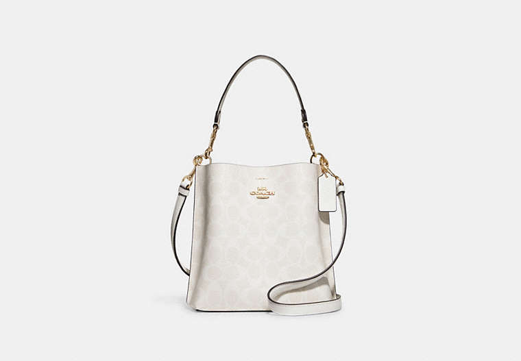 COACH®,MOLLIE BUCKET BAG 22 IN SIGNATURE CANVAS,Leather,Medium,Everyday,Gold/Chalk/Glacierwhite,Front View