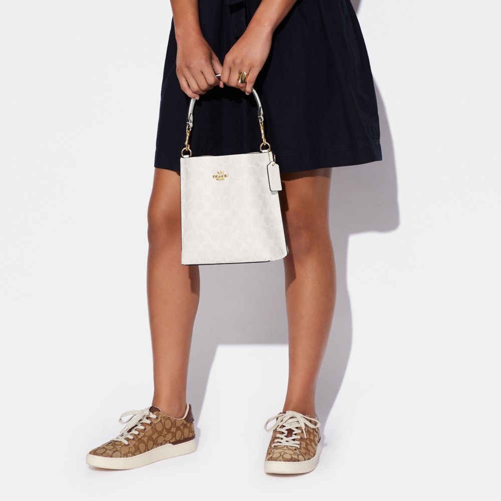 COACH®,Mollie Bucket Bag 22 In Signature Canvas,Leather,Canvas,Crossbody,PVC,Logo,Gold Metal,Casual,Multi Color,Detail View