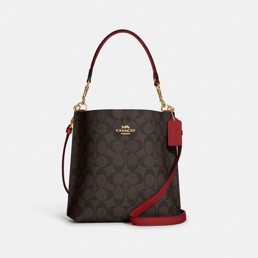 COACH®,MOLLIE BUCKET BAG 22 IN SIGNATURE CANVAS,Signature Canvas,Medium,Everyday,Gold/Brown 1941 Red,Front View