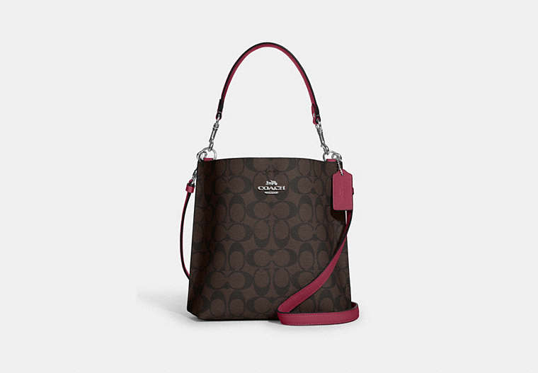 COACH®,MOLLIE BUCKET BAG 22 IN SIGNATURE CANVAS,Leather,Medium,Everyday,Silver/Brown/Bright Violet,Front View