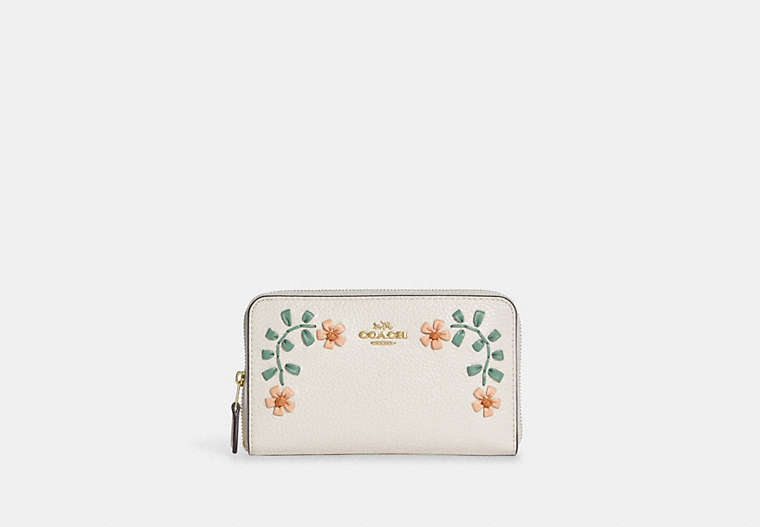 COACH®,MEDIUM ID ZIP WALLET WITH FLORAL WHIPSTITCH,Leather,Gold/Chalk Multi,Front View