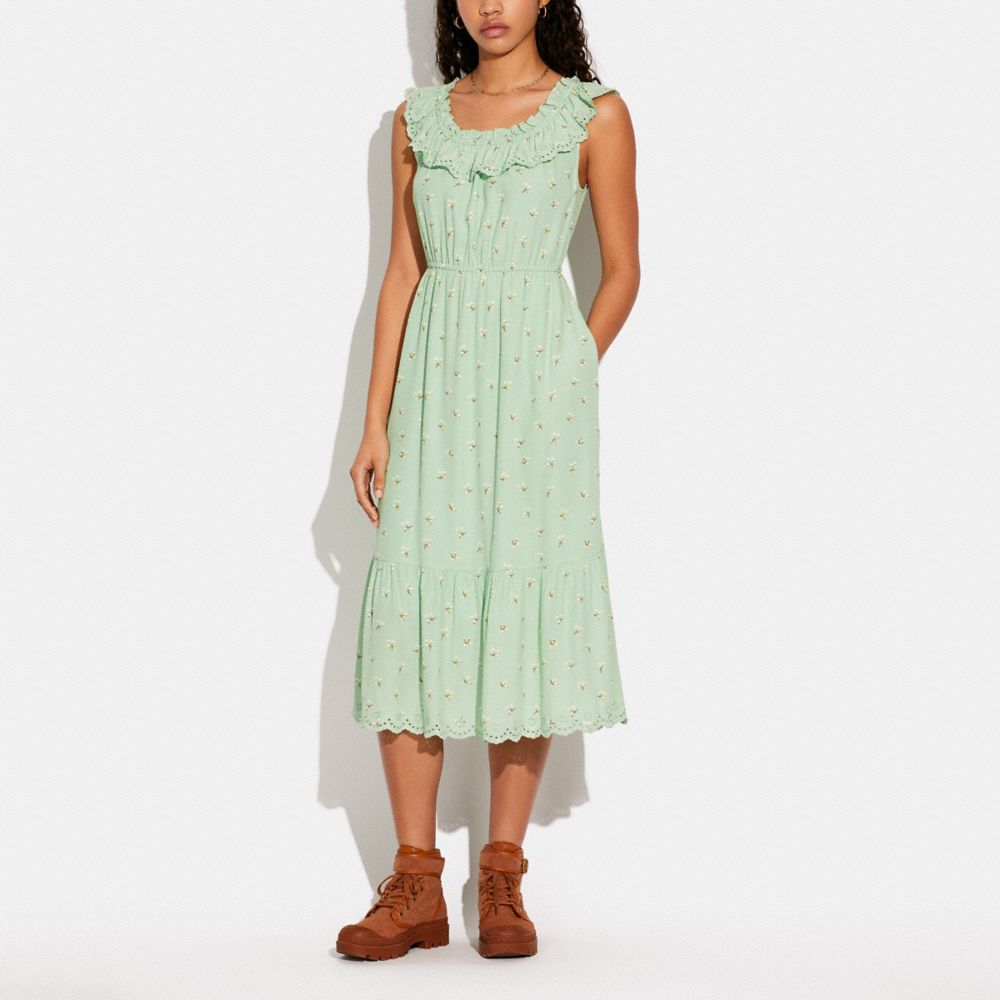 COACH®,SLEEVELESS RUFFLE MIDI DRESS,Viscose,Green/White,Scale View