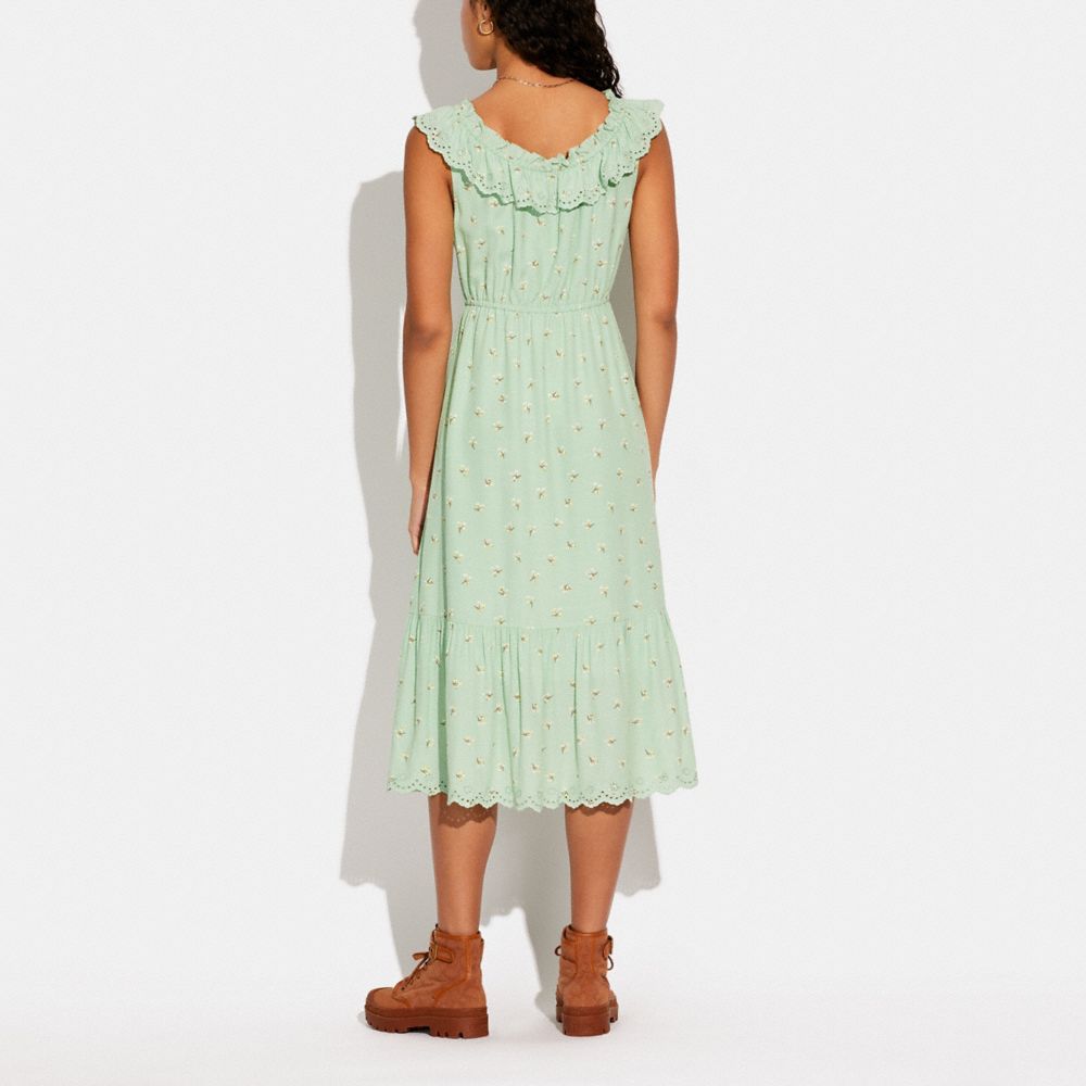 COACH®,SLEEVELESS RUFFLE MIDI DRESS,Viscose,Green/White,Scale View