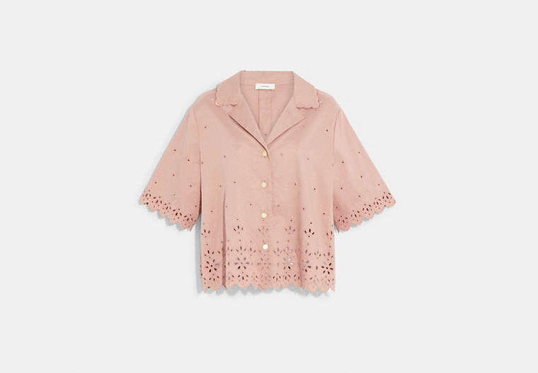 COACH®,BRODERIE ANGLAISE CAMP SHIRT IN ORGANIC COTTON,cotton,Faded Pink,Front View