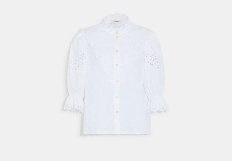 COACH®,BRODERIE ANGLAISE BIB SHIRT IN ORGANIC COTTON,cotton,Off White,Front View