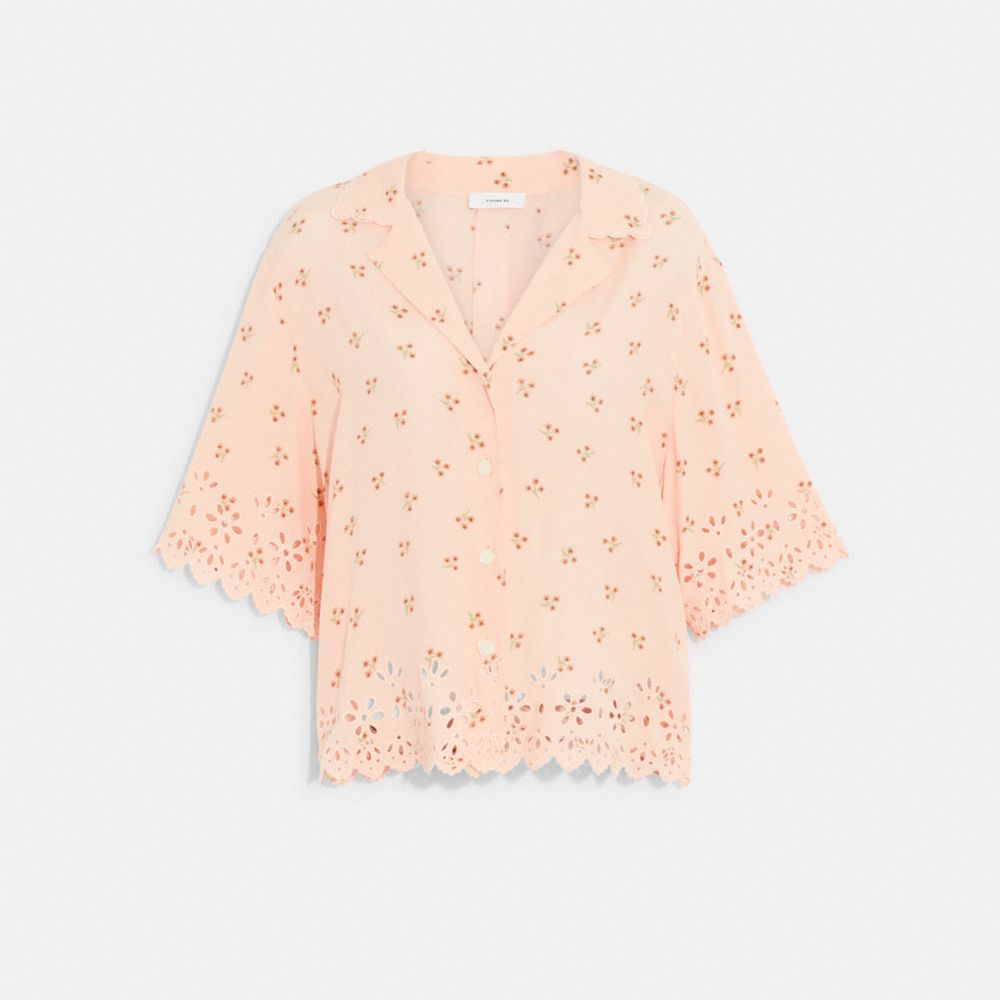 COACH®,BRODERIE ANGLAISE CAMP SHIRT,Peach/Orange,Front View