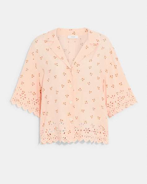 COACH®,BRODERIE ANGLAISE CAMP SHIRT,Viscose,Peach/Orange,Front View