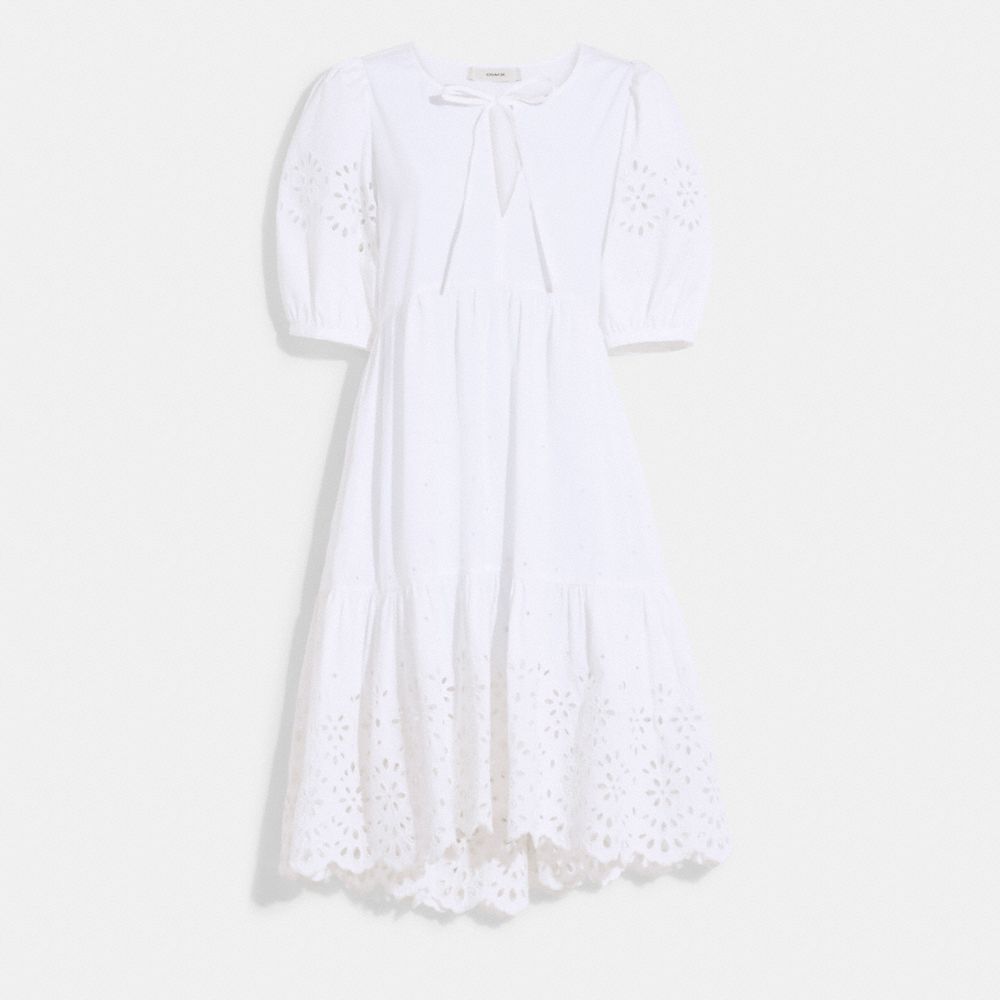 COACH®,BRODERIE ANGLAISE PUFF SLEEVE DRESS IN ORGANIC COTTON,White,Front View