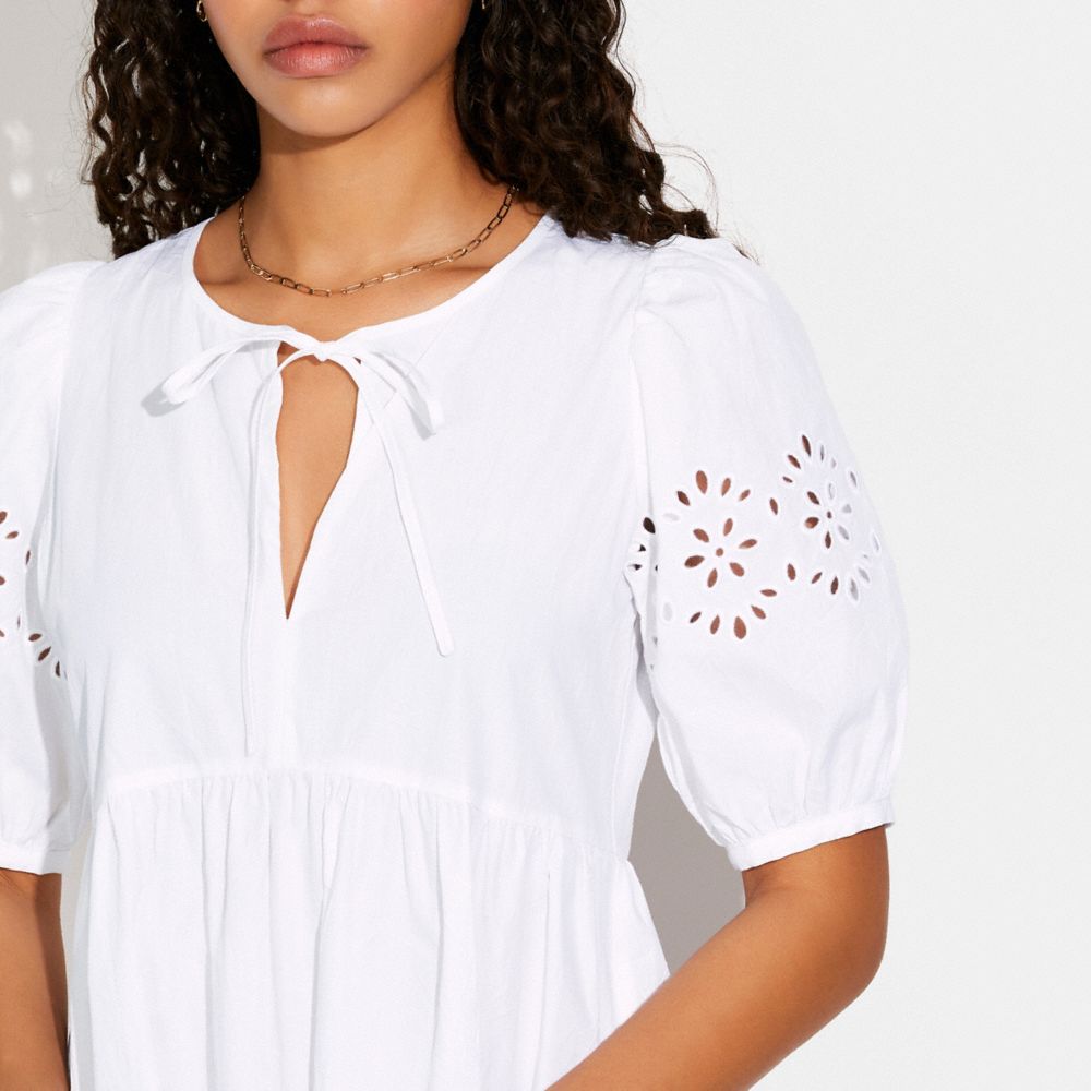 COACH®  Broderie Anglaise Puff Sleeve Dress In Organic Cotton