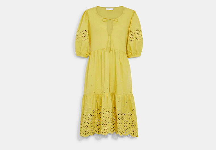COACH®,BRODERIE ANGLAISE PUFF SLEEVE DRESS IN ORGANIC COTTON,cotton,Yellow,Front View