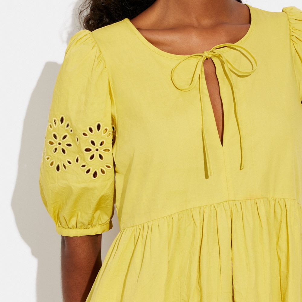COACH®,Broderie Anglaise Puff Sleeve Dress In Organic Cotton,Polyester,Organic Cotton,A-Line,Scallop,Ruched,Eyelet,Day Party,Yellow,Detail View