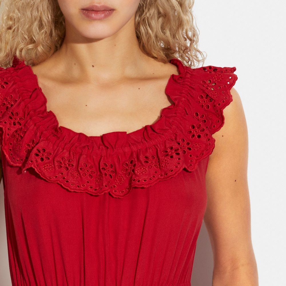 COACH®,ROBE SANS MANCHES À VOLANTS,Rouge véritable,Detail View