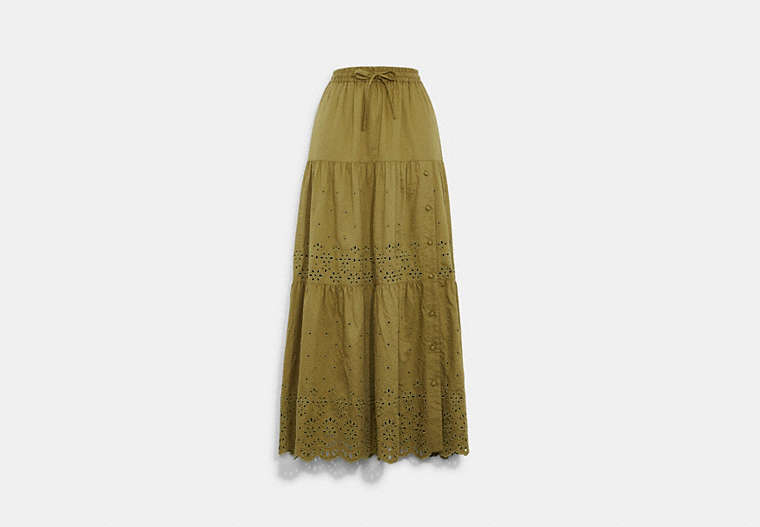 COACH®,BRODERIE ANGLAISE LONG SKIRT IN ORGANIC COTTON,cotton,Dark Olive,Front View
