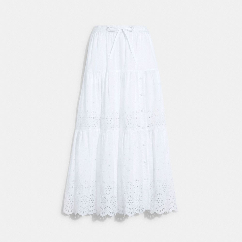 COACH®,BRODERIE ANGLAISE LONG SKIRT IN ORGANIC COTTON,White,Front View