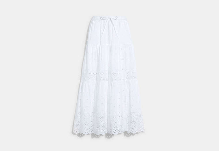 COACH®,BRODERIE ANGLAISE LONG SKIRT IN ORGANIC COTTON,cotton,White,Front View